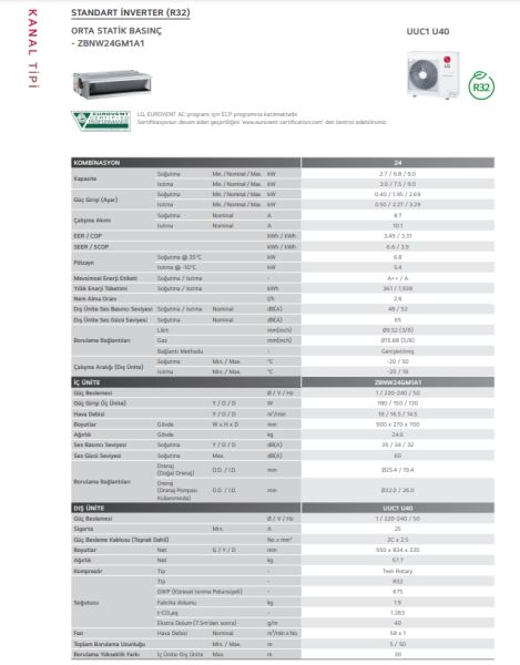 LG KANALLI KASET 60000 KLİMA ZBNW24GM1A1