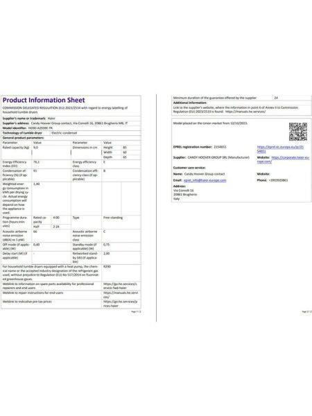 HAİER HD90-A2939E-TR 9 kg Wi-Fi Bağlantılı Isı Pompalı Kurutma Makinesi