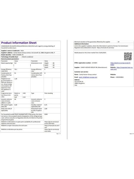 HAIER HD90-A2939RE-TR 9 kg Wi-Fi Bağlantılı Antrasit Isı Pompalı Kurutma Makinesi