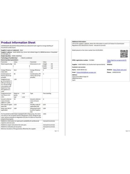 HAIER HD90-A3Q979U1-S 9 kg Wi-Fi Bağlantılı Isı Pompalı Kurutma Makinesi