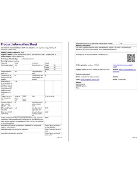 HAİER HD100-A2959E-TR 10 kg Wi-Fi Bağlantılı Isı Pompalı Kurutma Makinesi