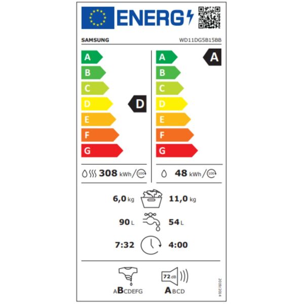 Samsung WD11DG5B15BBAH 11 KG Yıkama + 6 KG Kurutmalı Çamaşır Makinesi Siyah