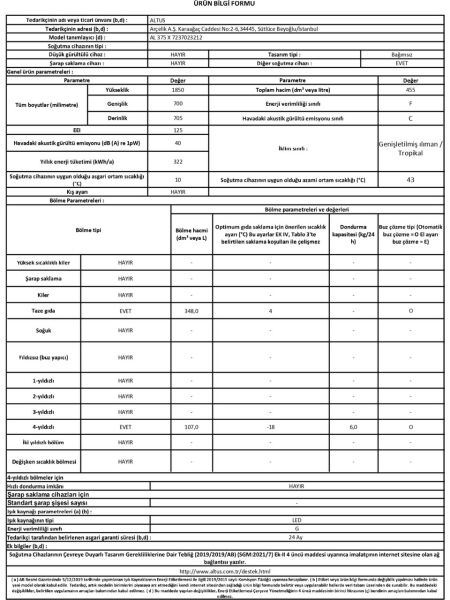 Altus AL 375 XE Çift Kapılı No Frost Buzdolabı